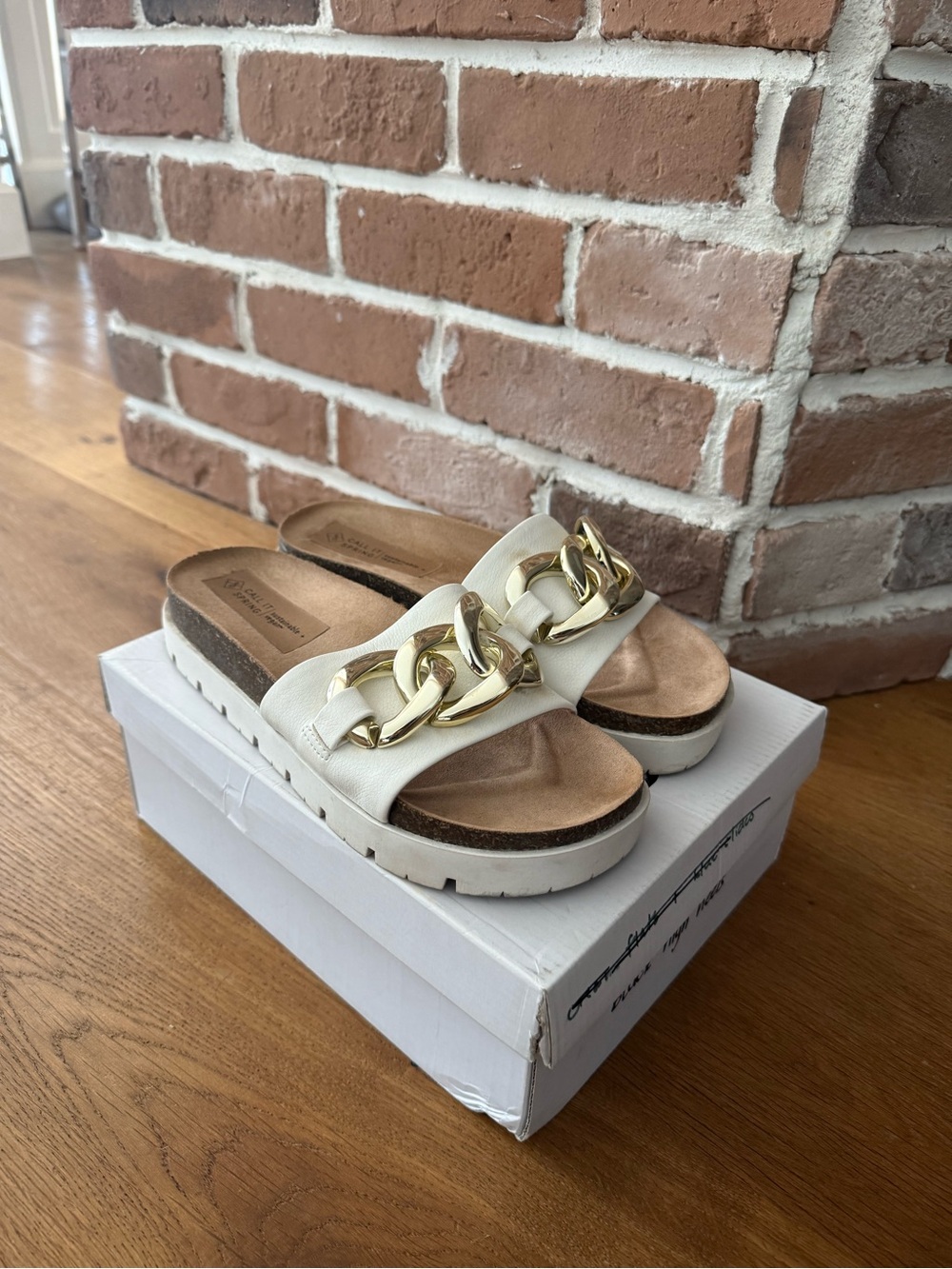 Call It Spring White Slide Sandals with Gold Chain
